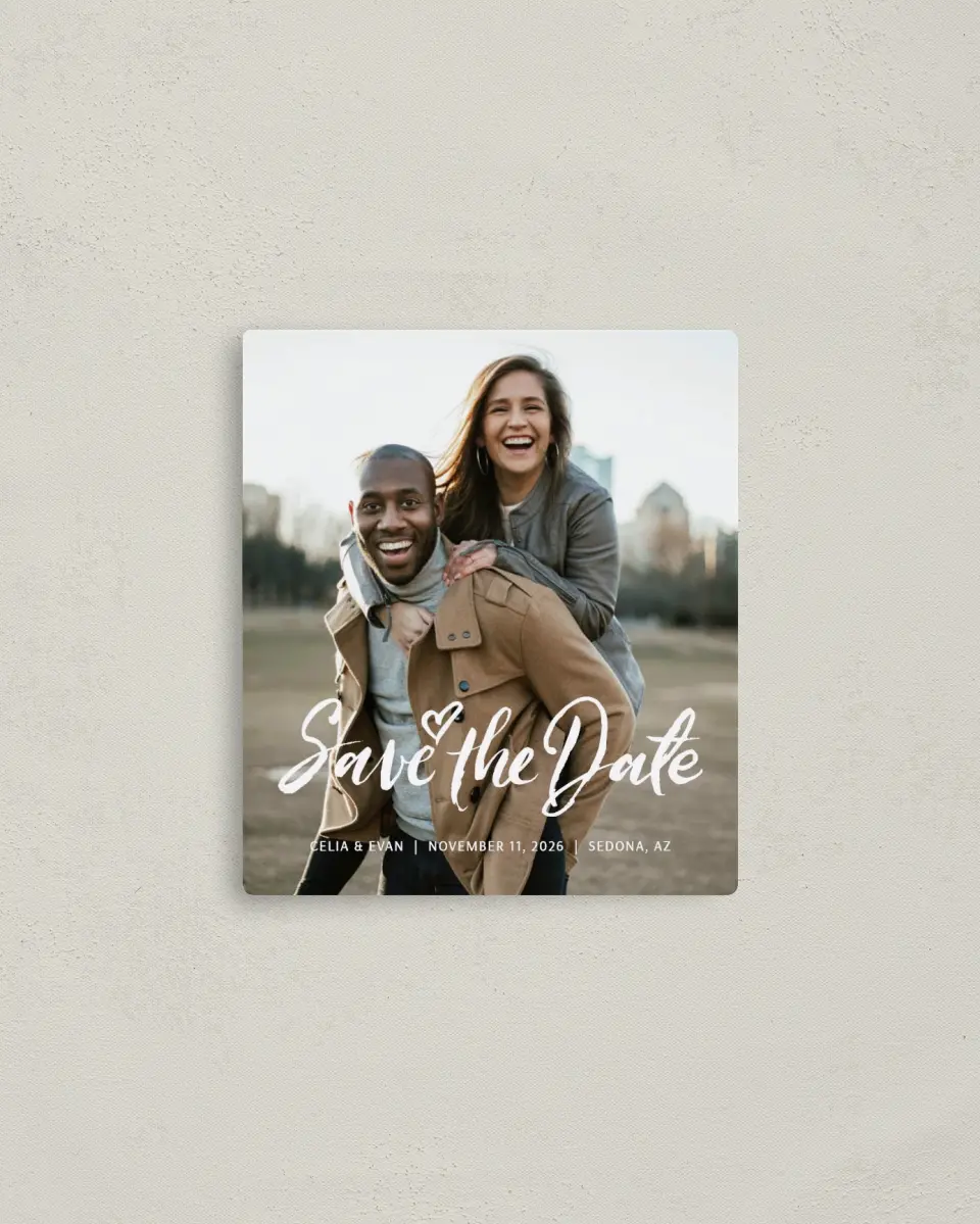 This is a 3½" x 4" Save the Date Magnet called Celebrate Love printed in full color with a Luxe Satin finish