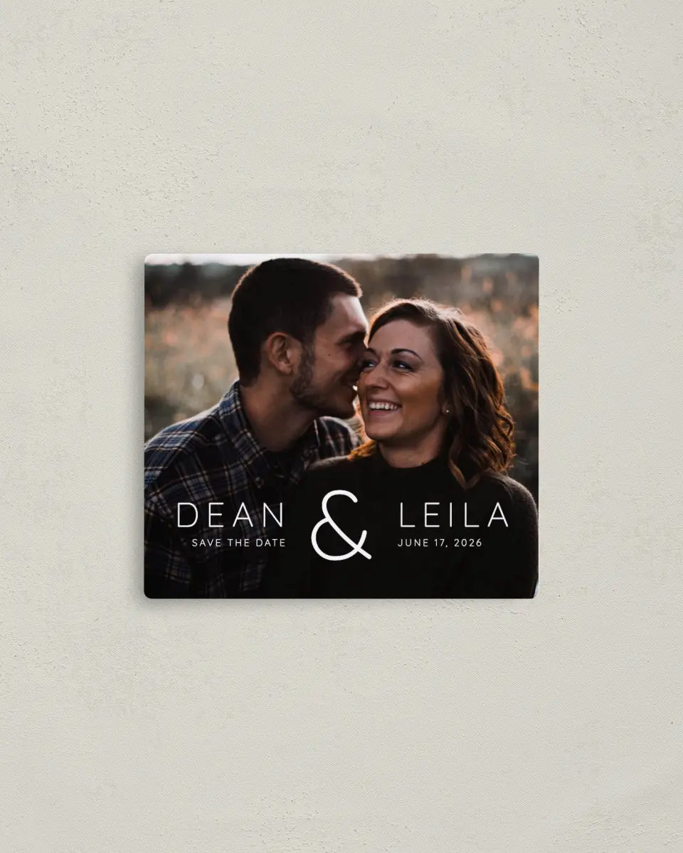 This is a 3½" x 4" Save the Date Magnet called Connected printed in full color with a Luxe Satin finish