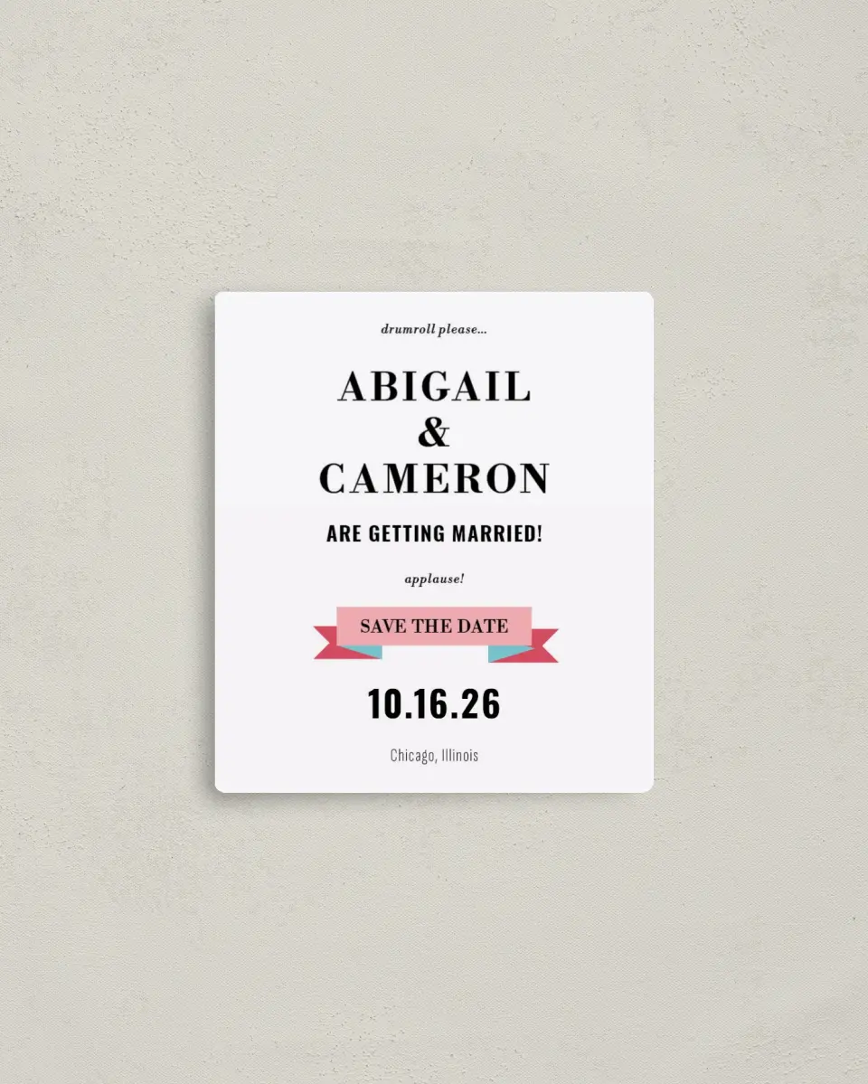 This is a 3½" x 4" Save the Date Magnet called Our Story printed in full color with a Luxe Satin finish