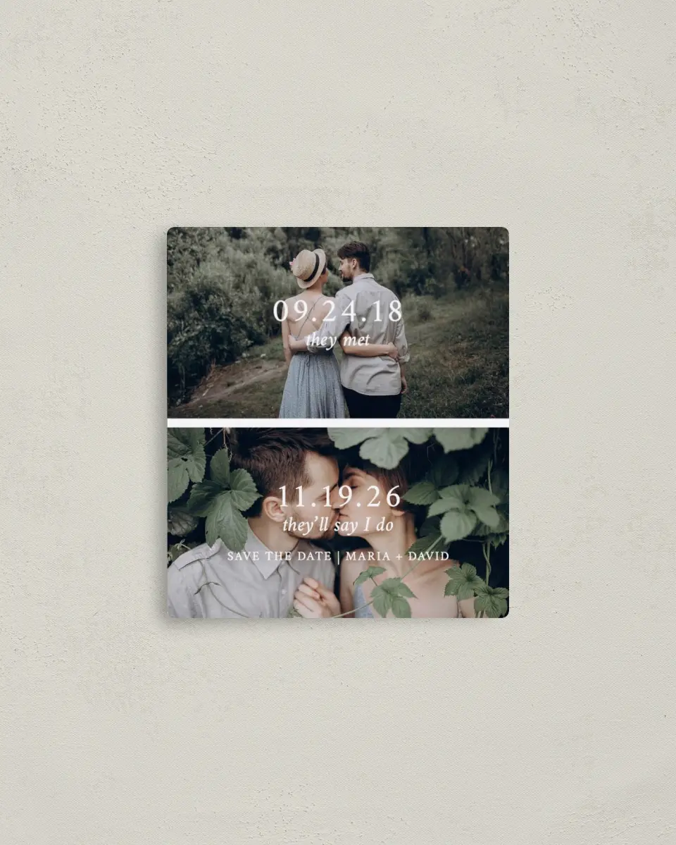 This is a 3½" x 4" Save the Date Magnet called Through the Years printed in full color with a Luxe Satin finish