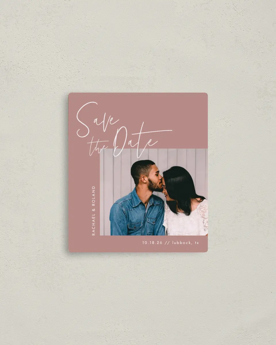 This is a 3½" x 4" Save the Date Magnet called Stylish Script printed in full color with a Luxe Satin finish