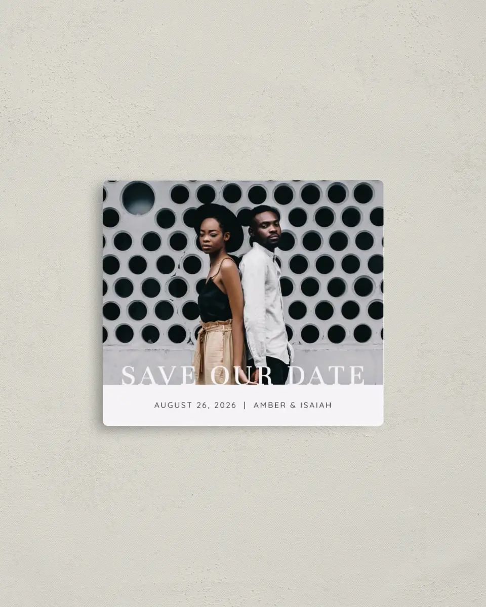 This is a 3½" x 4" Save the Date Magnet called Meant to Be printed in full color with a Luxe Satin finish