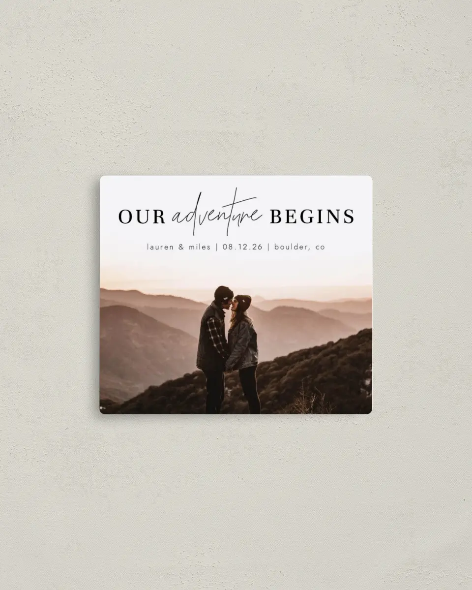 This is a 3½" x 4" Save the Date Magnet called Our Adventure printed in full color with a Luxe Satin finish
