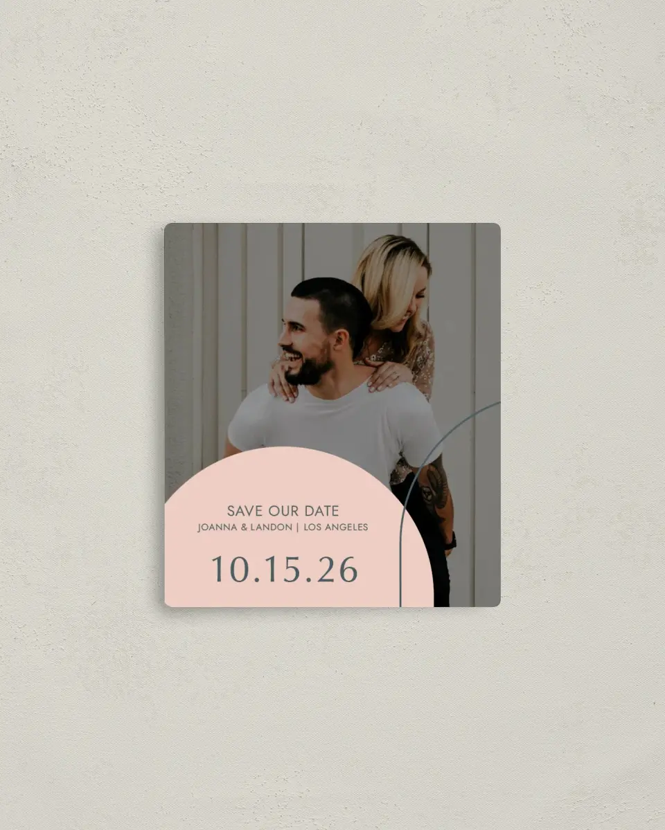 This is a 3½" x 4" Save the Date Magnet called Mod Shapes printed in full color with a Luxe Satin finish