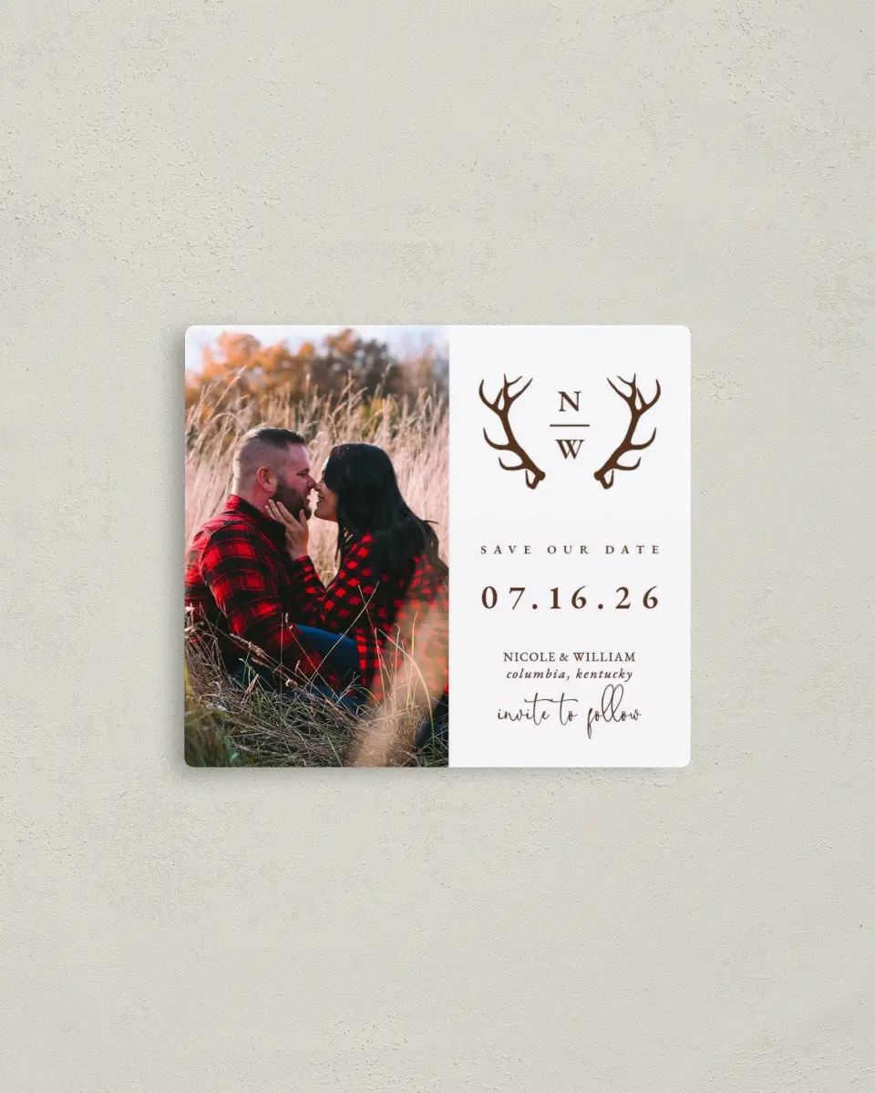 This is a 3½" x 4" Save the Date Magnet called Rustic Antler printed in full color with a Luxe Satin finish