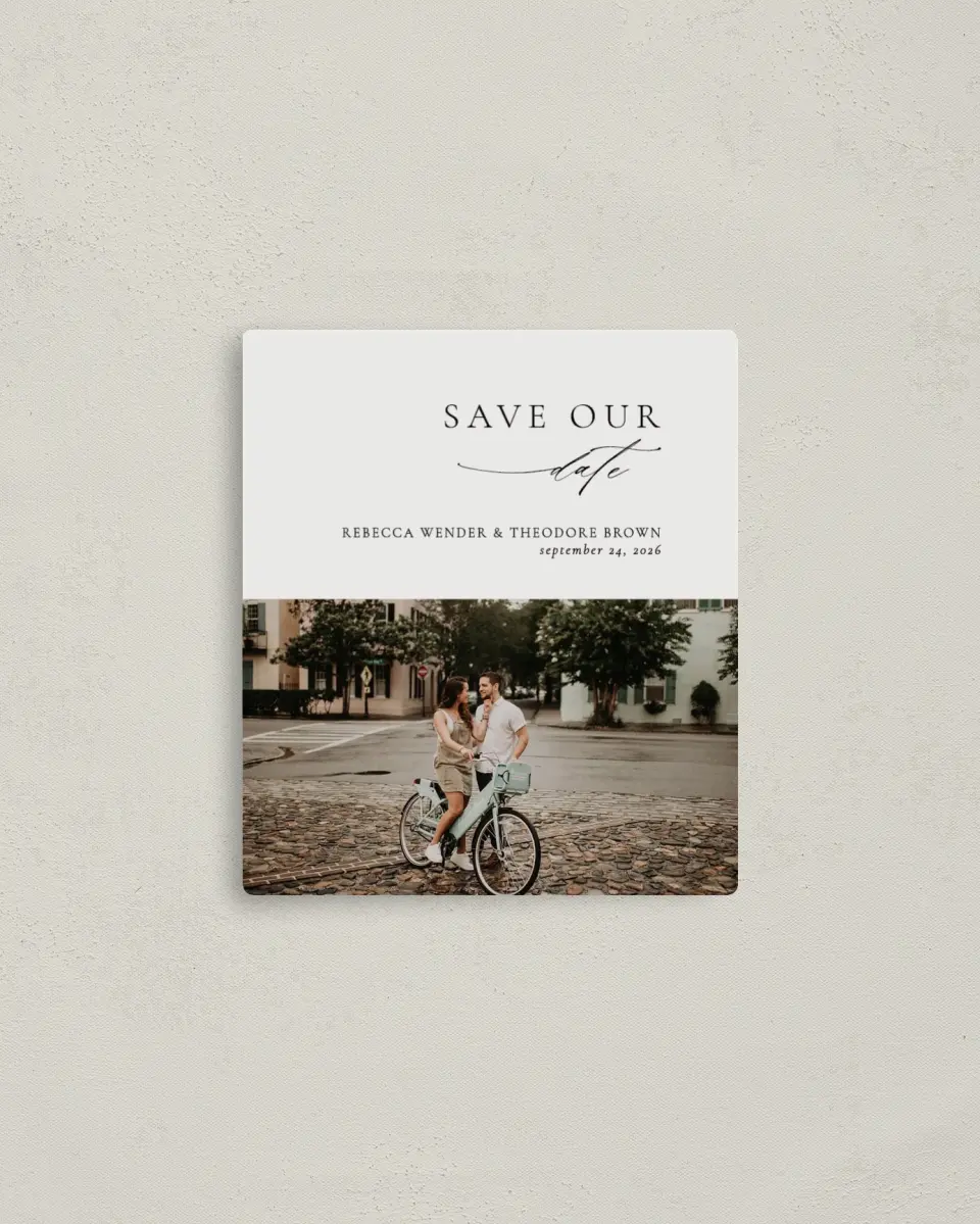 This is a 3½" x 4" Save the Date Magnet called Simply Elegant printed in full color with Rose Gold foil and a Luxe Satin finish