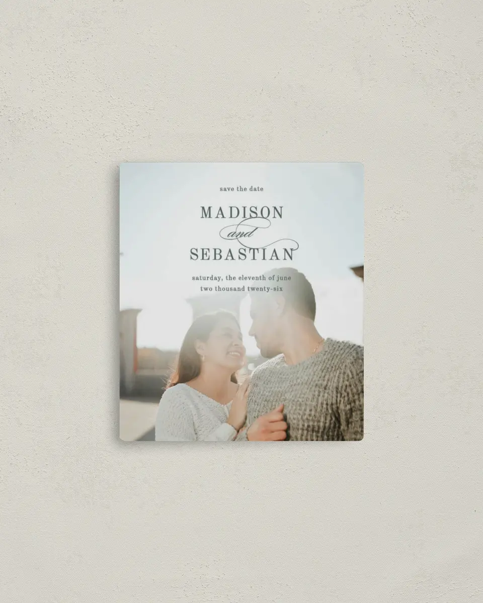 This is a 3½" x 4" Save the Date Magnet called Bold Blooms printed in full color with a Luxe Satin finish