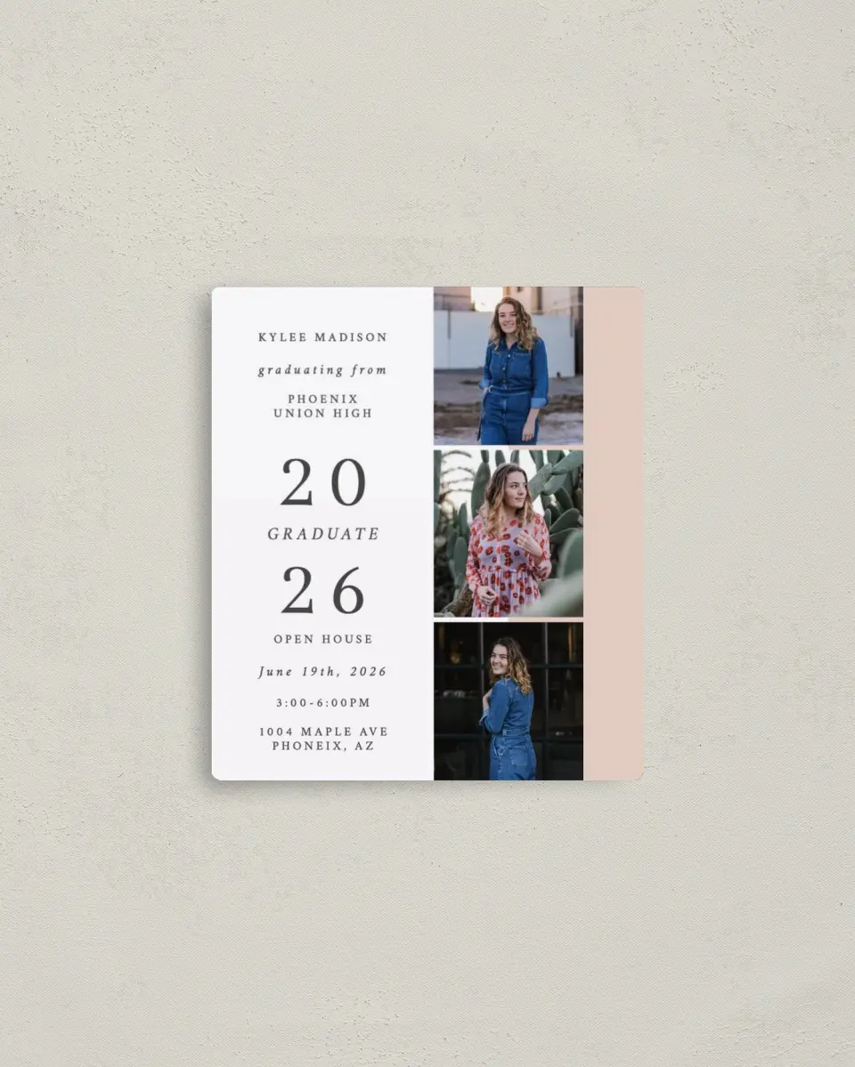 This is a 3½" x 4" Graduation Announcement Magnet called Stacked Grad printed in full color with a Luxe Satin finish