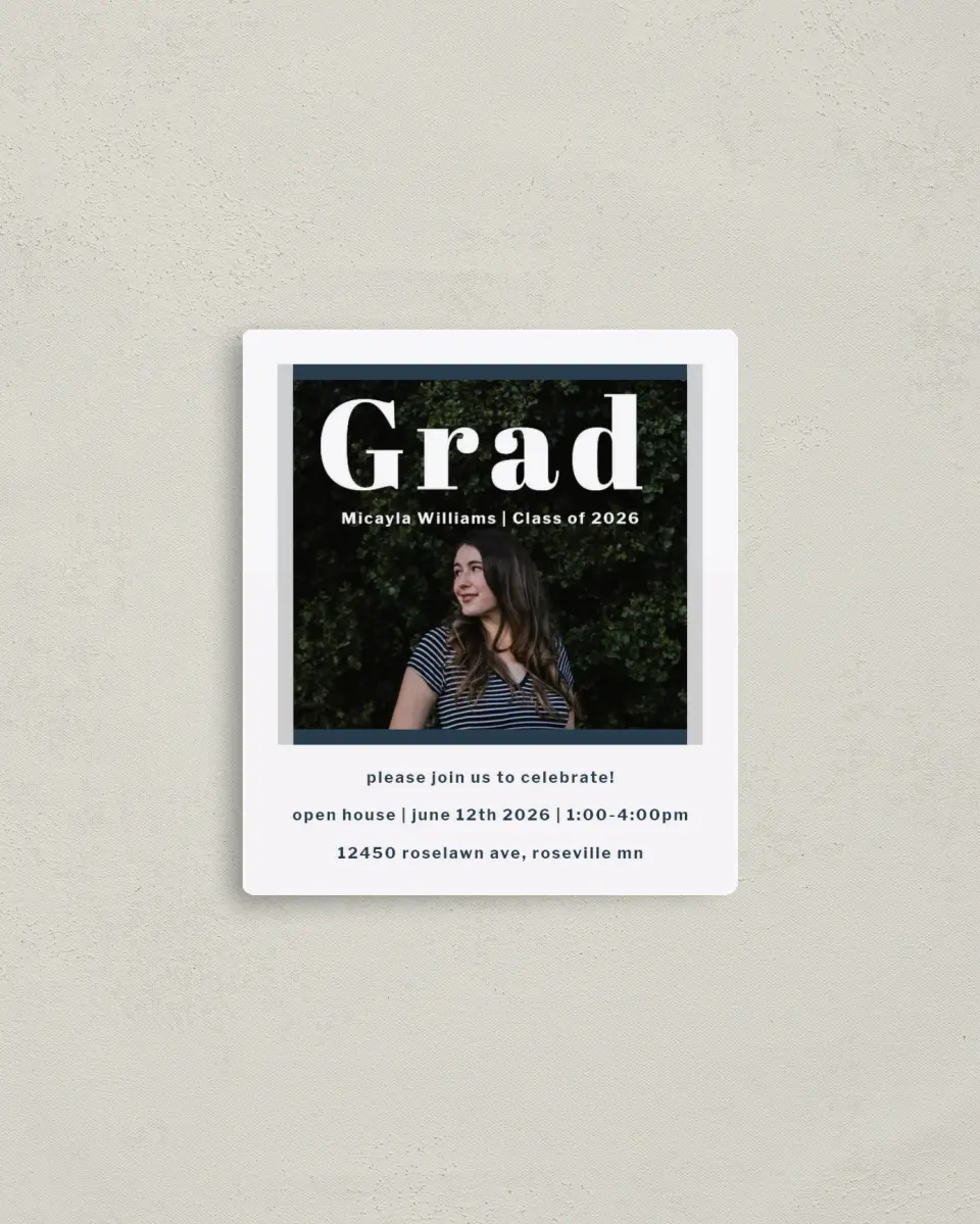 This is a 3½" x 4" Graduation Announcement Magnet called Huge Deal printed in full color with a Luxe Satin finish