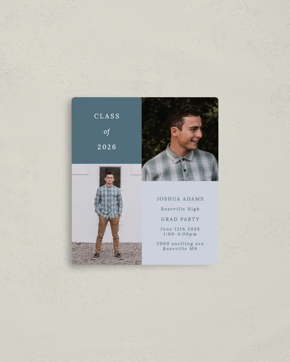 This is a 3½" x 4" Graduation Announcement Magnet called Quiet Quad printed in full color with a Luxe Satin finish