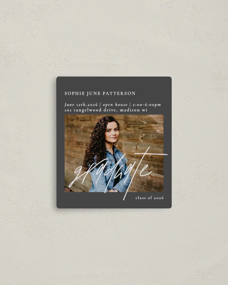 This is a 3½" x 4" Graduation Announcement Magnet called Featured Graduate printed in full color with a Luxe Satin finish