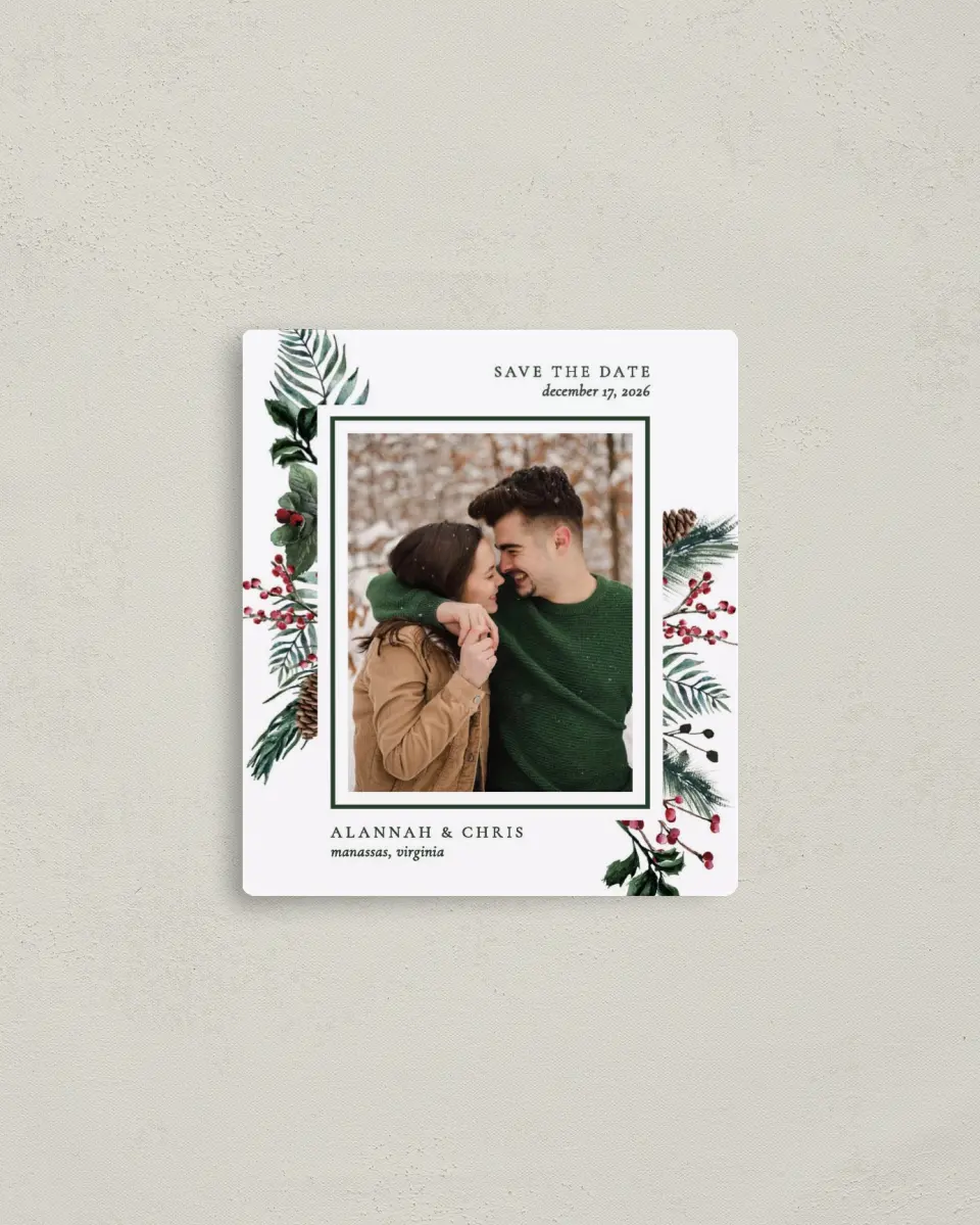 This is a 3½" x 4" Save the Date Magnet called Festive Celebration printed in full color with a Luxe Satin finish
