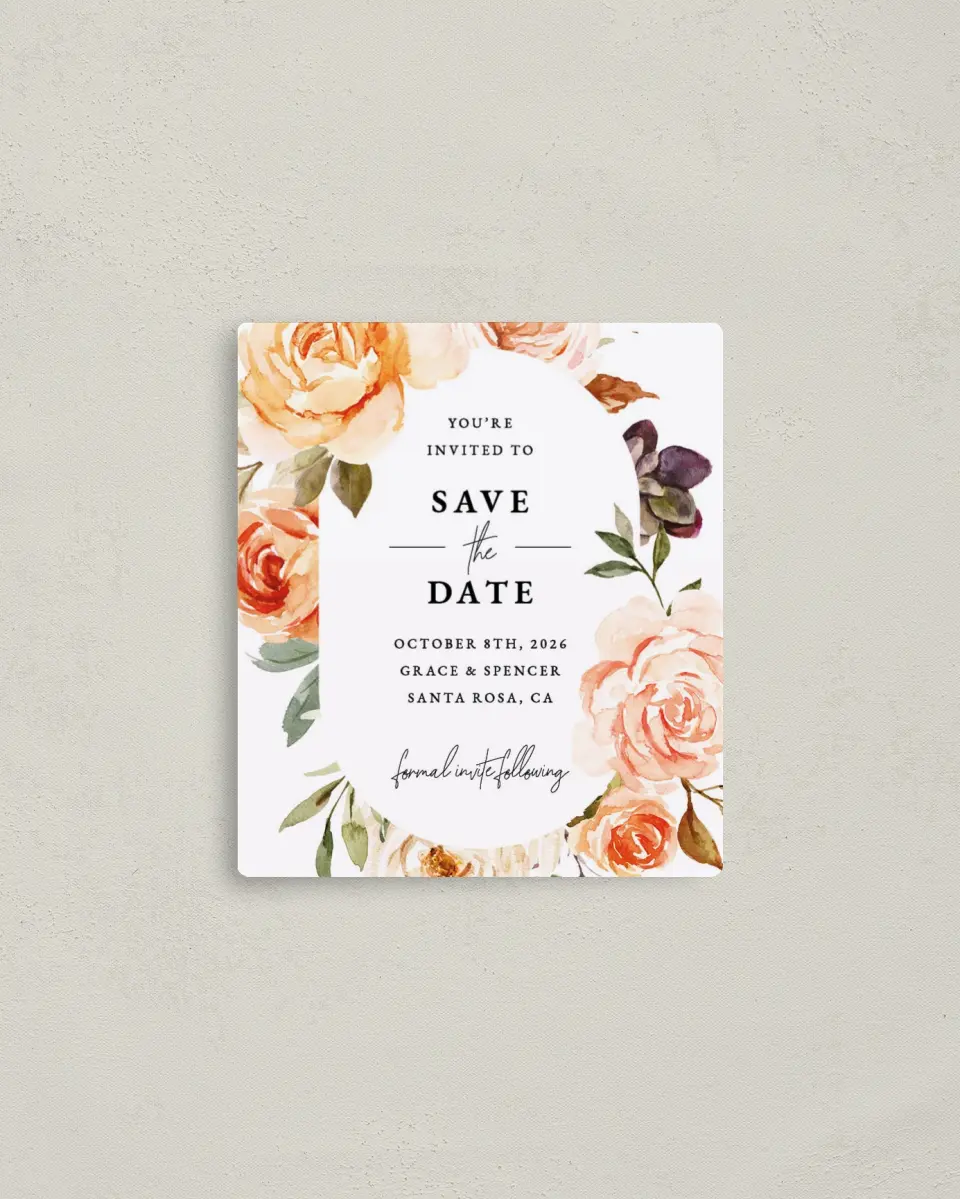 This is a 3½" x 4" Save the Date Magnet called Romantic Garden printed in full color with a Luxe Satin finish