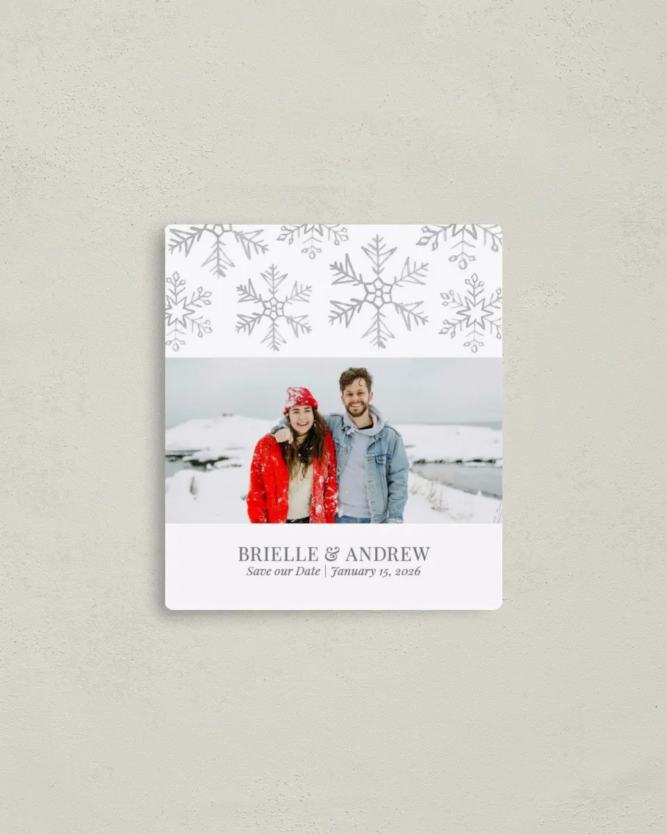 This is a 3½" x 4" Save the Date Magnet called Sweet Snowflakes printed in full color with a Luxe Satin finish
