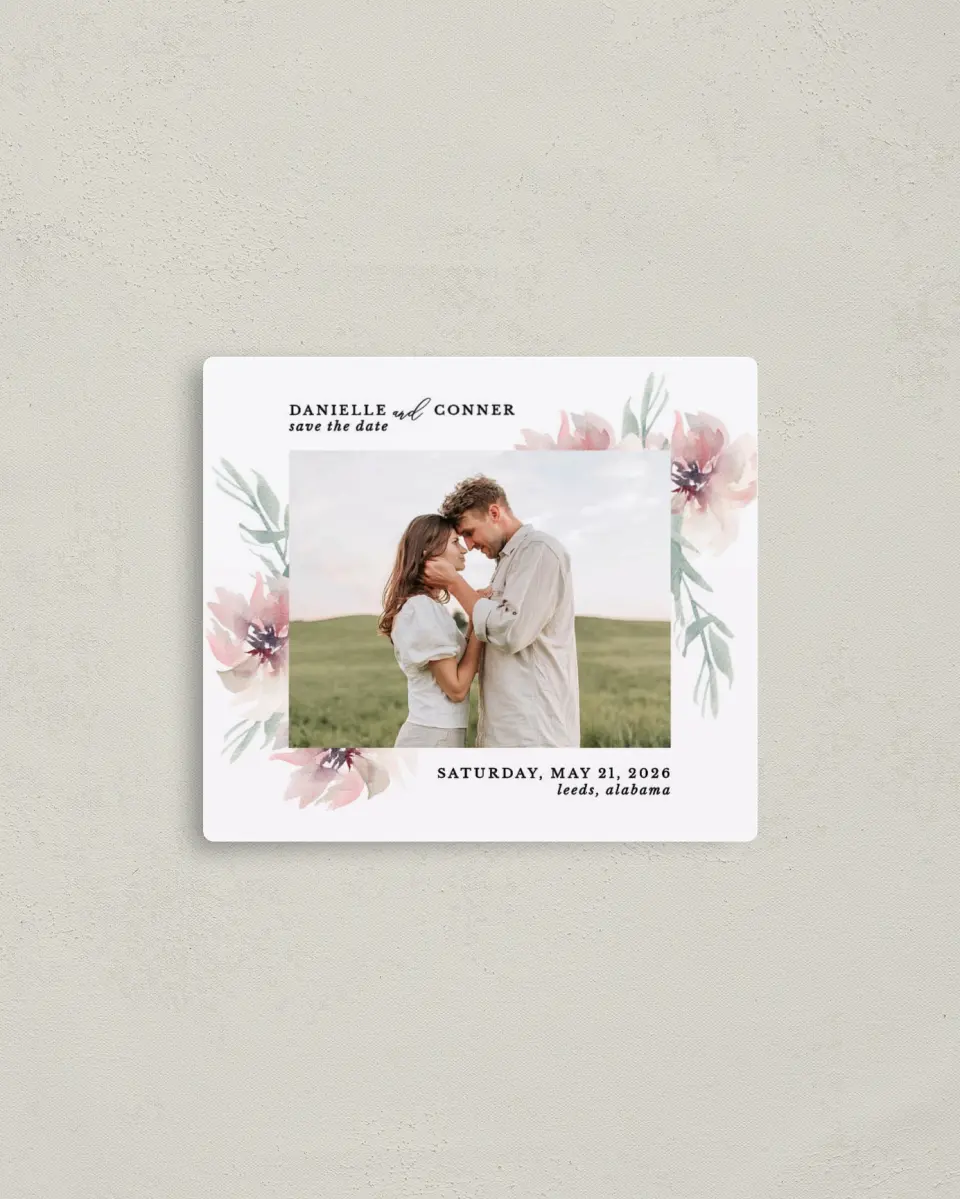 This is a 3½" x 4" Save the Date Magnet called Soft Florals printed in full color with a Luxe Satin finish