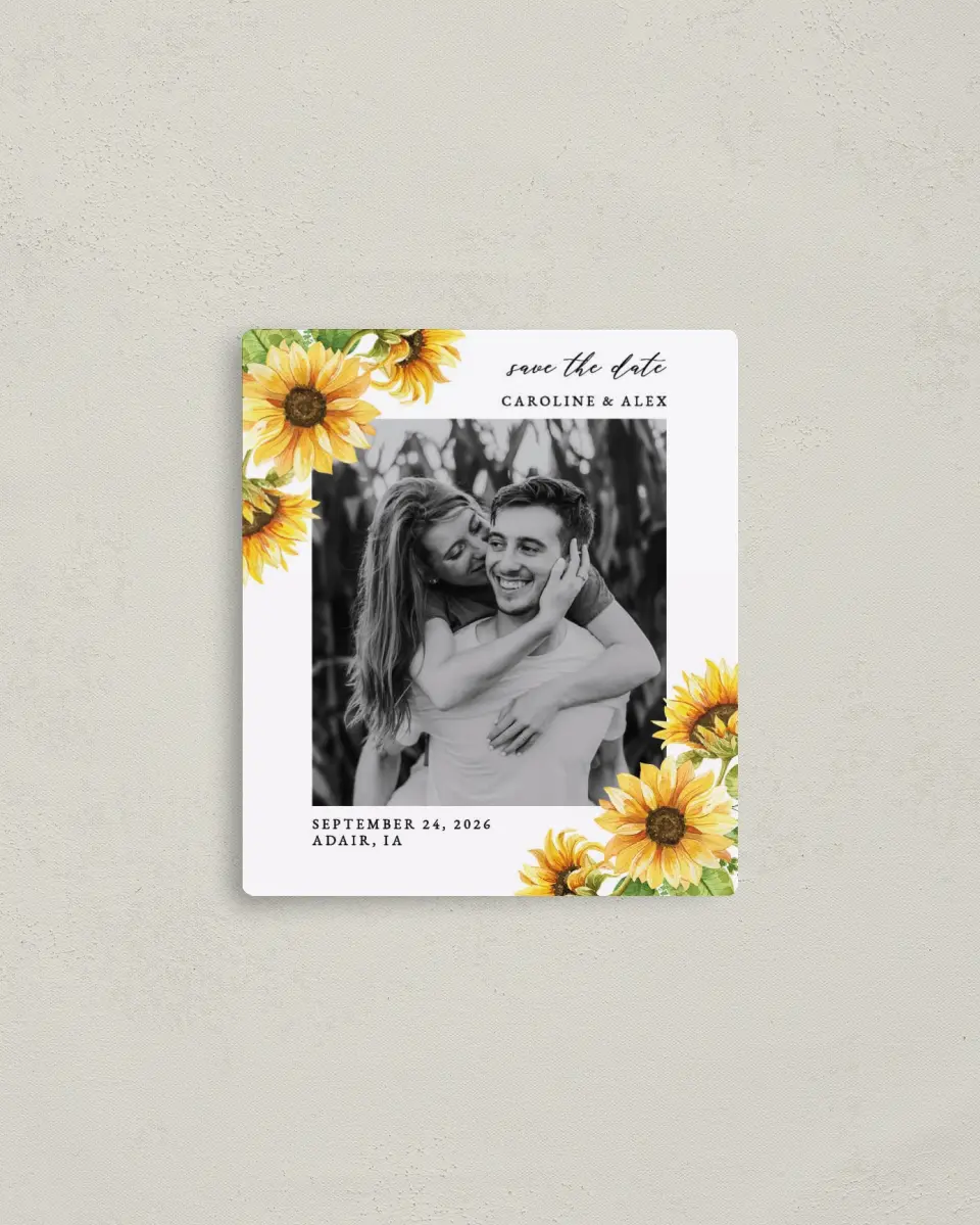 This is a 3½" x 4" Save the Date Magnet called Sunflower Bliss printed in full color with a Luxe Satin finish
