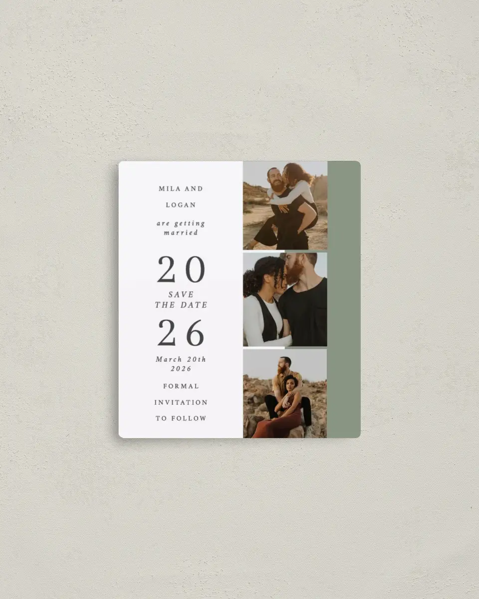 This is a 3½" x 4" Save the Date Magnet called Stacked Hearts printed in full color with a Luxe Satin finish