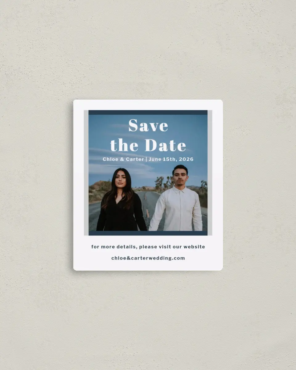 This is a 3½" x 4" Save the Date Magnet called Huge Love printed in full color with Rose Gold foil and a Luxe Satin finish