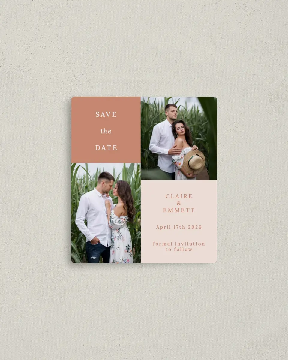 This is a 3½" x 4" Save the Date Magnet called Quaint Quad printed in full color with a Luxe Satin finish