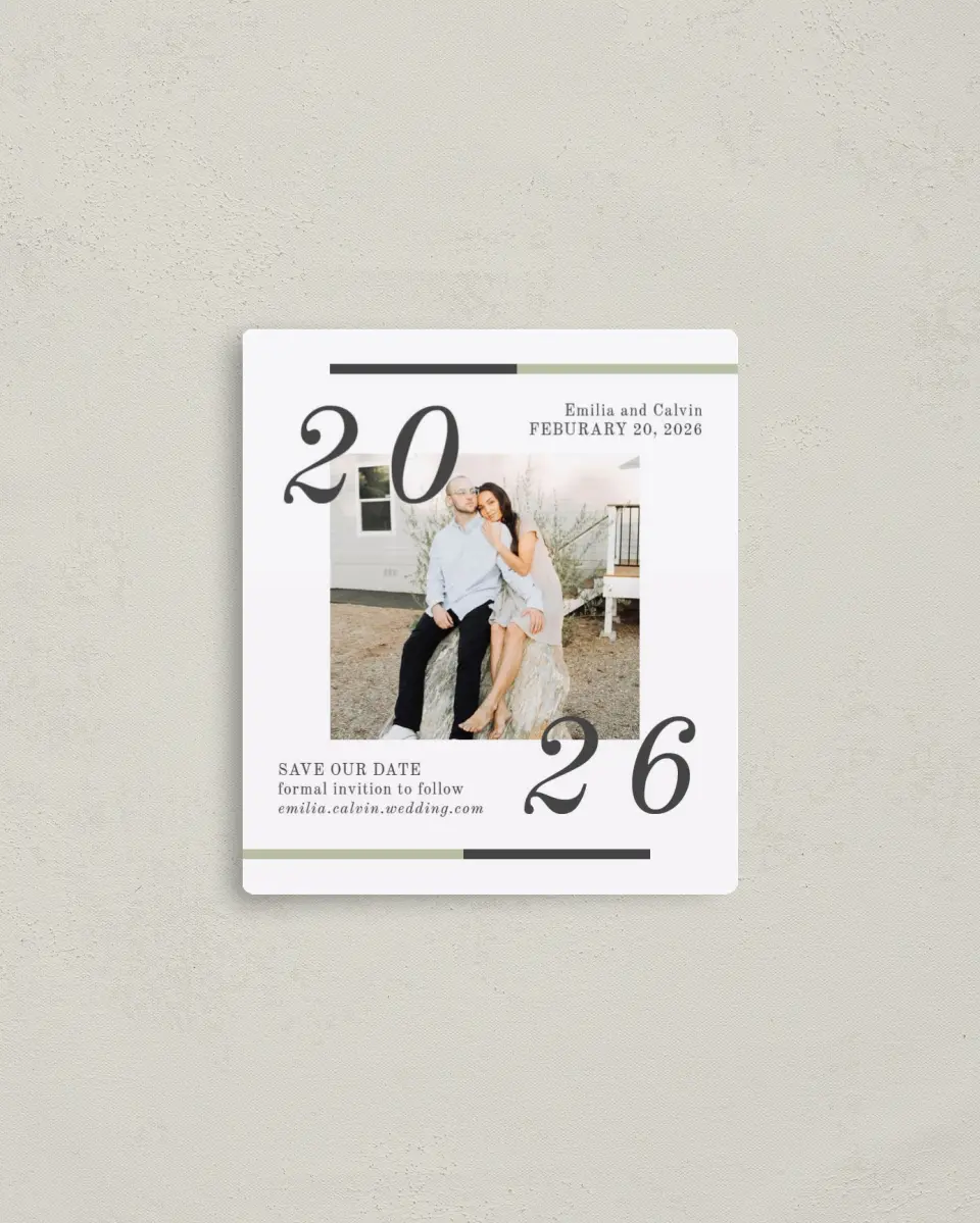 This is a 3½" x 4" Save the Date Magnet called Bridal Bar printed in full color with a Luxe Satin finish