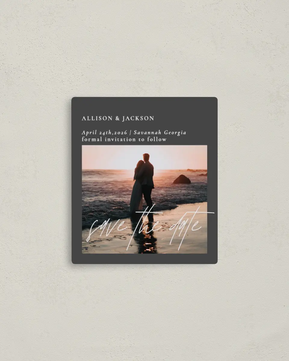 This is a 3½" x 4" Save the Date Magnet called Featured Beloved printed in full color with a Luxe Satin finish