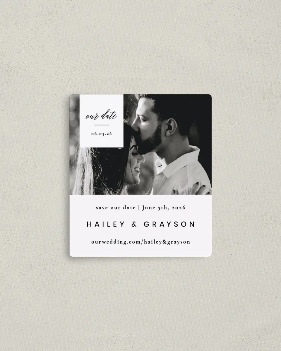 This is a 3½" x 4" Save the Date Magnet called Choice Love printed in full color with Rose Gold foil and a Luxe Satin finish