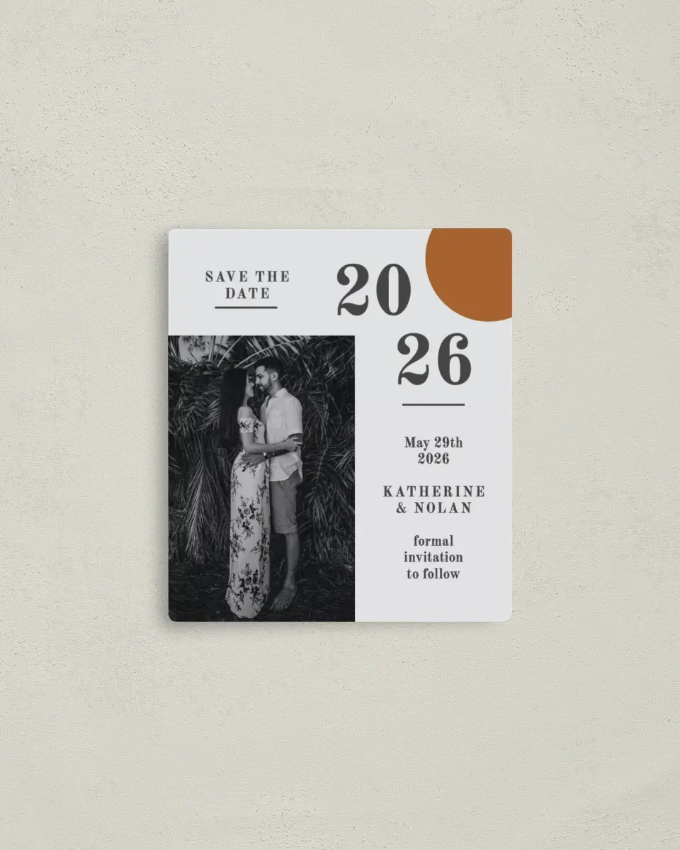 This is a 3½" x 4" Save the Date Magnet called Glory Day printed in full color with a Luxe Satin finish