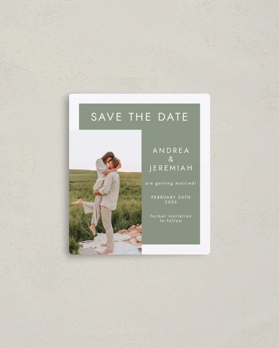 This is a 3½" x 4" Save the Date Magnet called Boxed Beau printed in full color with Rose Gold foil and a Luxe Satin finish