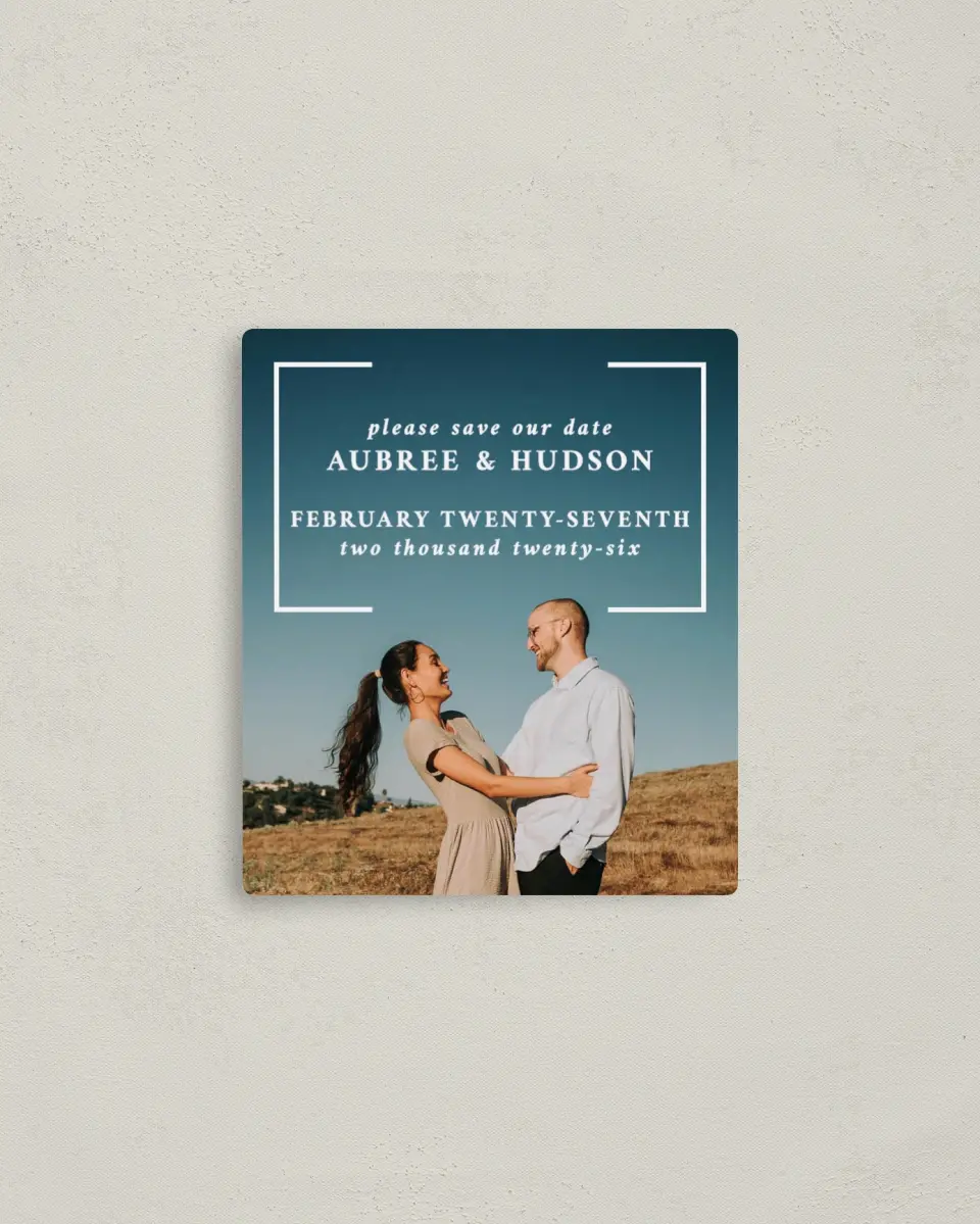 This is a 3½" x 4" Save the Date Magnet called Bright Brace printed in full color with a Luxe Satin finish