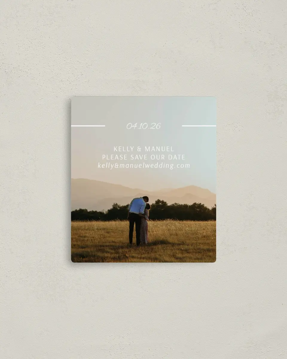 This is a 3½" x 4" Save the Date Magnet called Expansive Line printed in full color with a Luxe Satin finish