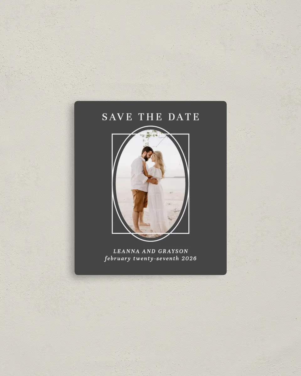 This is a 3½" x 4" Save the Date Magnet called Graphic Enclosure printed in full color with a Luxe Satin finish