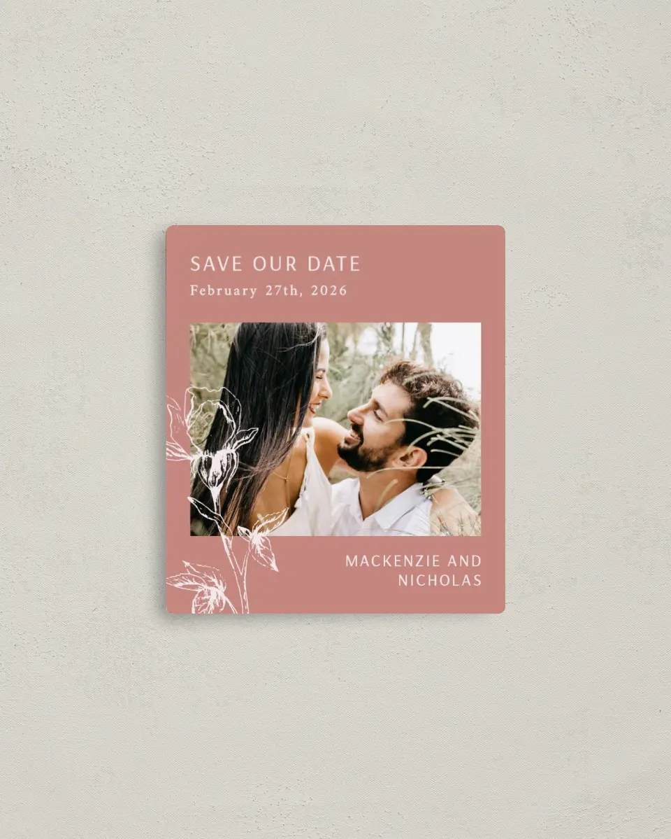 This is a 3½" x 4" Save the Date Magnet called Blooming Bud printed in full color with a Luxe Satin finish