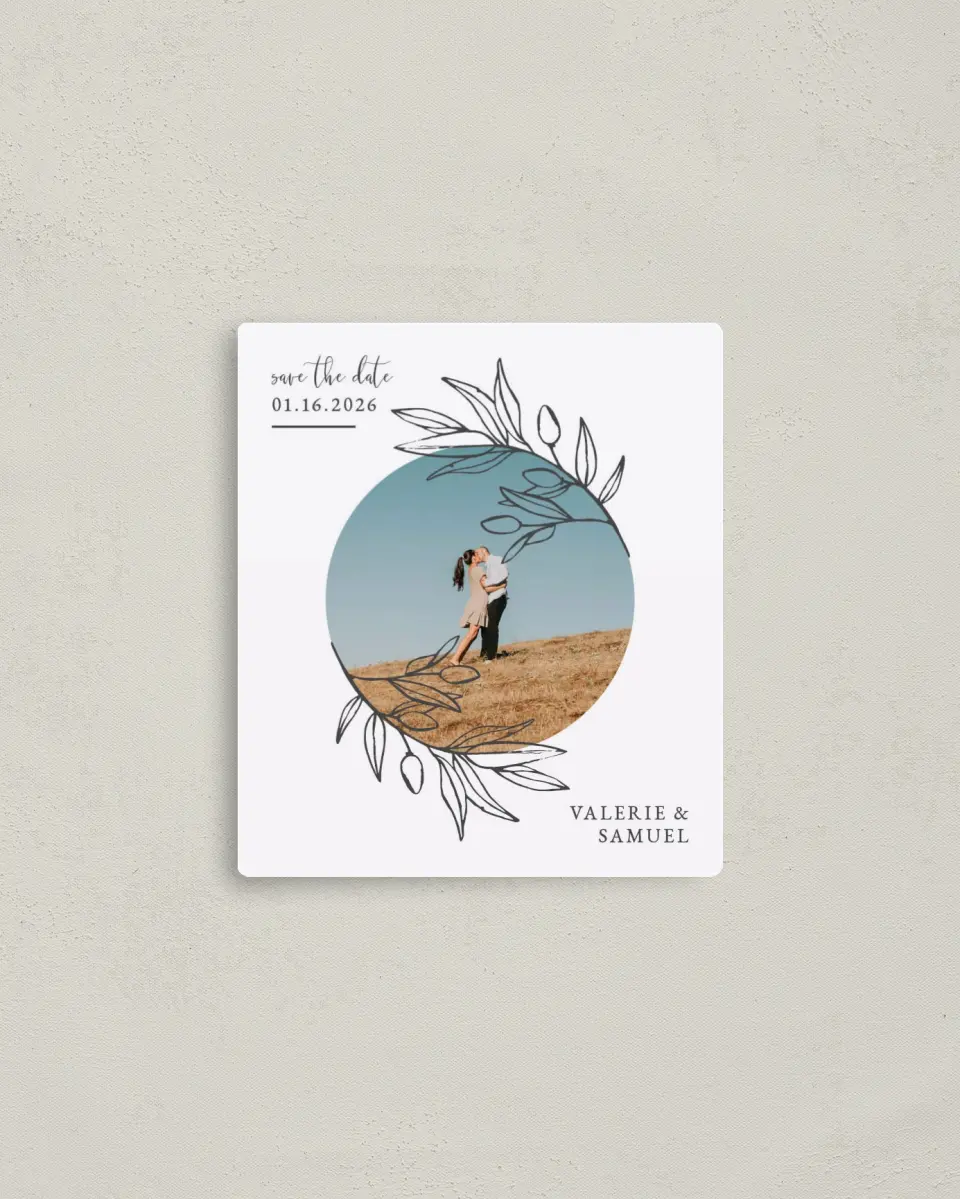 This is a 3½" x 4" Save the Date Magnet called Branch Sketch printed in full color with a Luxe Satin finish