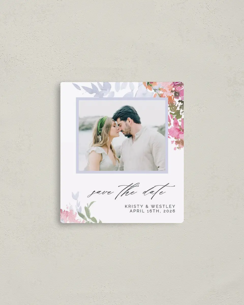 This is a 3½" x 4" Save the Date Magnet called Blushing Bouquet printed in full color with a Luxe Satin finish