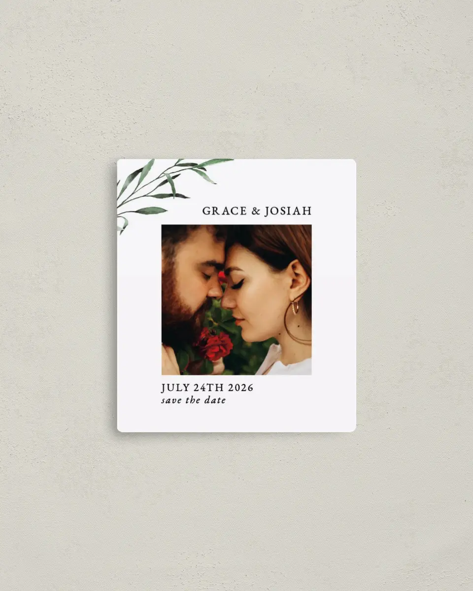 This is a 3½" x 4" Save the Date Magnet called Tender Twig printed in full color with a Luxe Satin finish