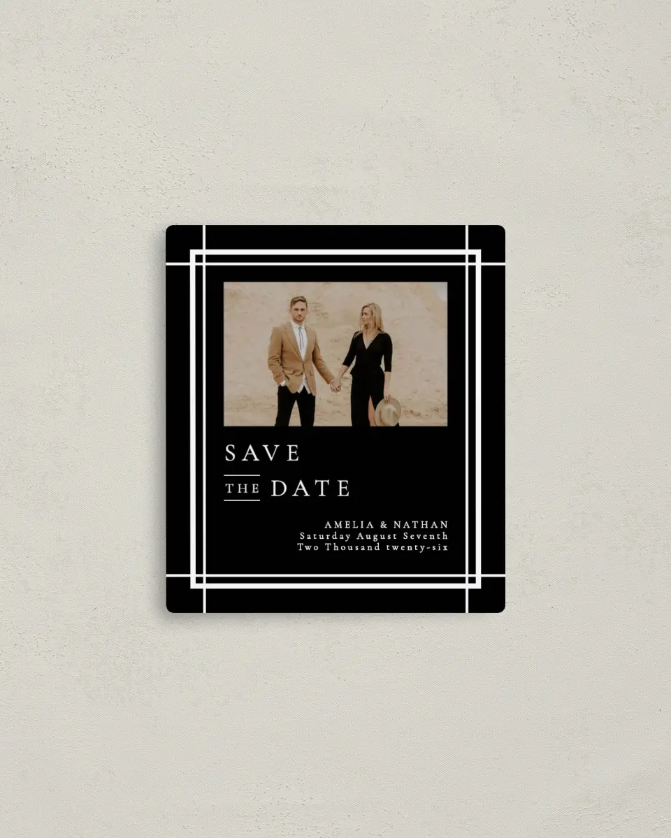 This is a 3½" x 4" Save the Date Magnet called Modern Trim printed in full color with a Luxe Satin finish