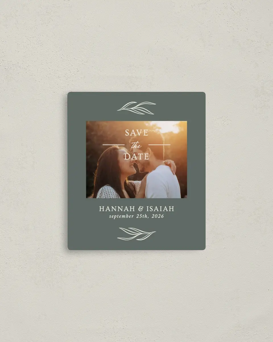 This is a 3½" x 4" Save the Date Magnet called Whisper Twig printed in full color with a Luxe Satin finish