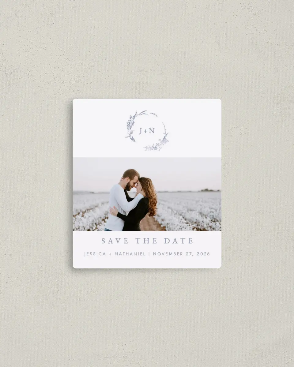 This is a 3½" x 4" Save the Date Magnet called Dainty Wreath printed in full color with a Luxe Satin finish