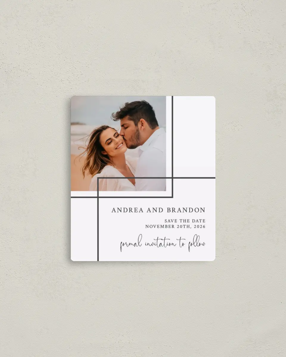 This is a 3½" x 4" Save the Date Magnet called Joined Lines printed in full color with a Luxe Satin finish
