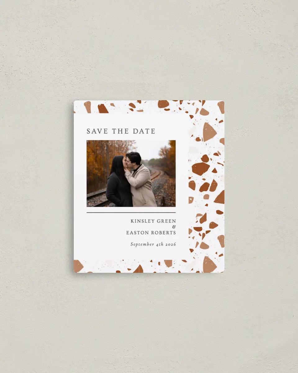 This is a 3½" x 4" Save the Date Magnet called Cornerstone of Love printed in full color with a Luxe Satin finish