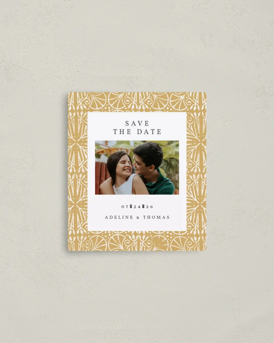 This is a 3½" x 4" Save the Date Magnet called Decorated Luxury printed in full color with a Luxe Satin finish