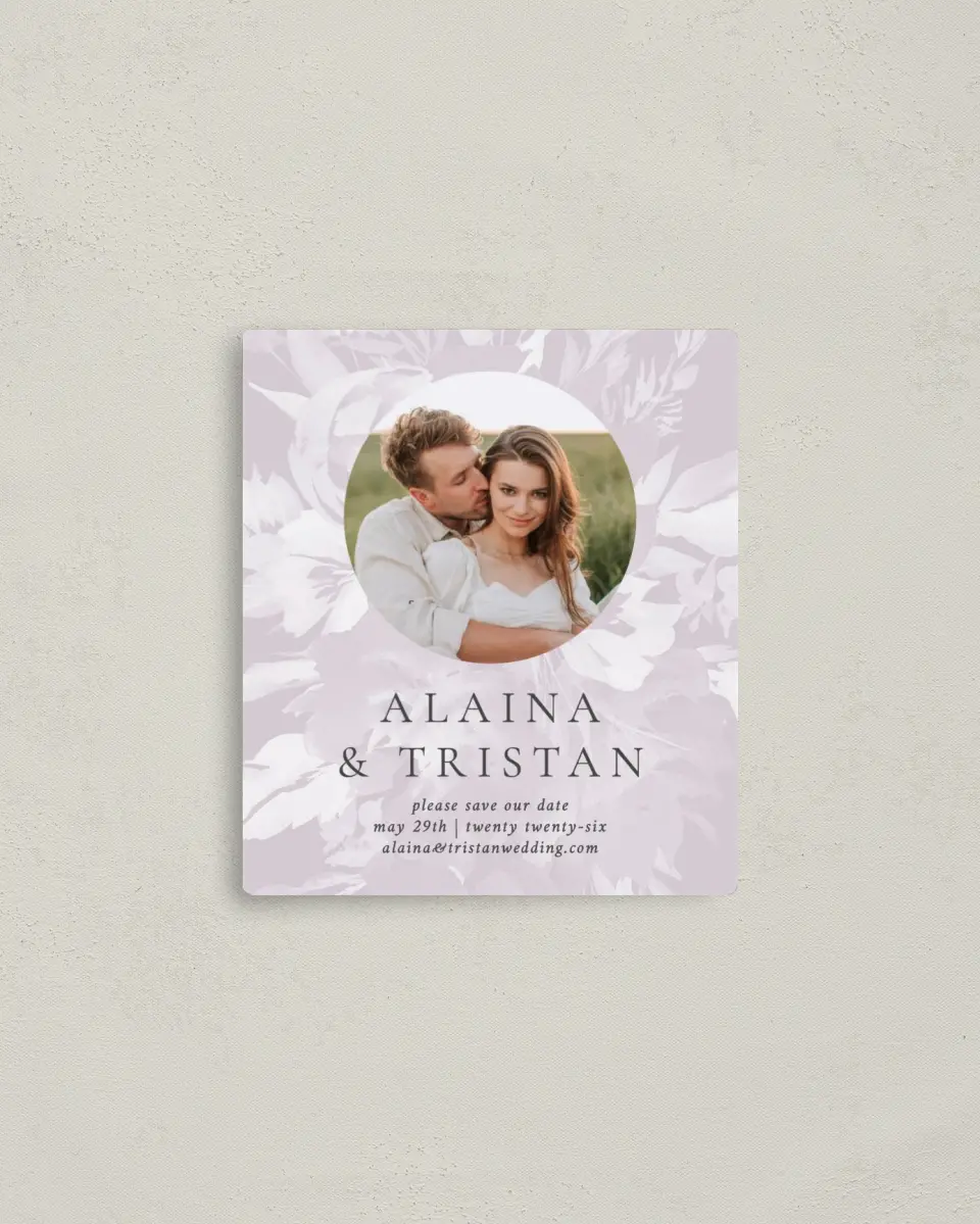 This is a 3½" x 4" Save the Date Magnet called Floral Burst printed in full color with a Luxe Satin finish