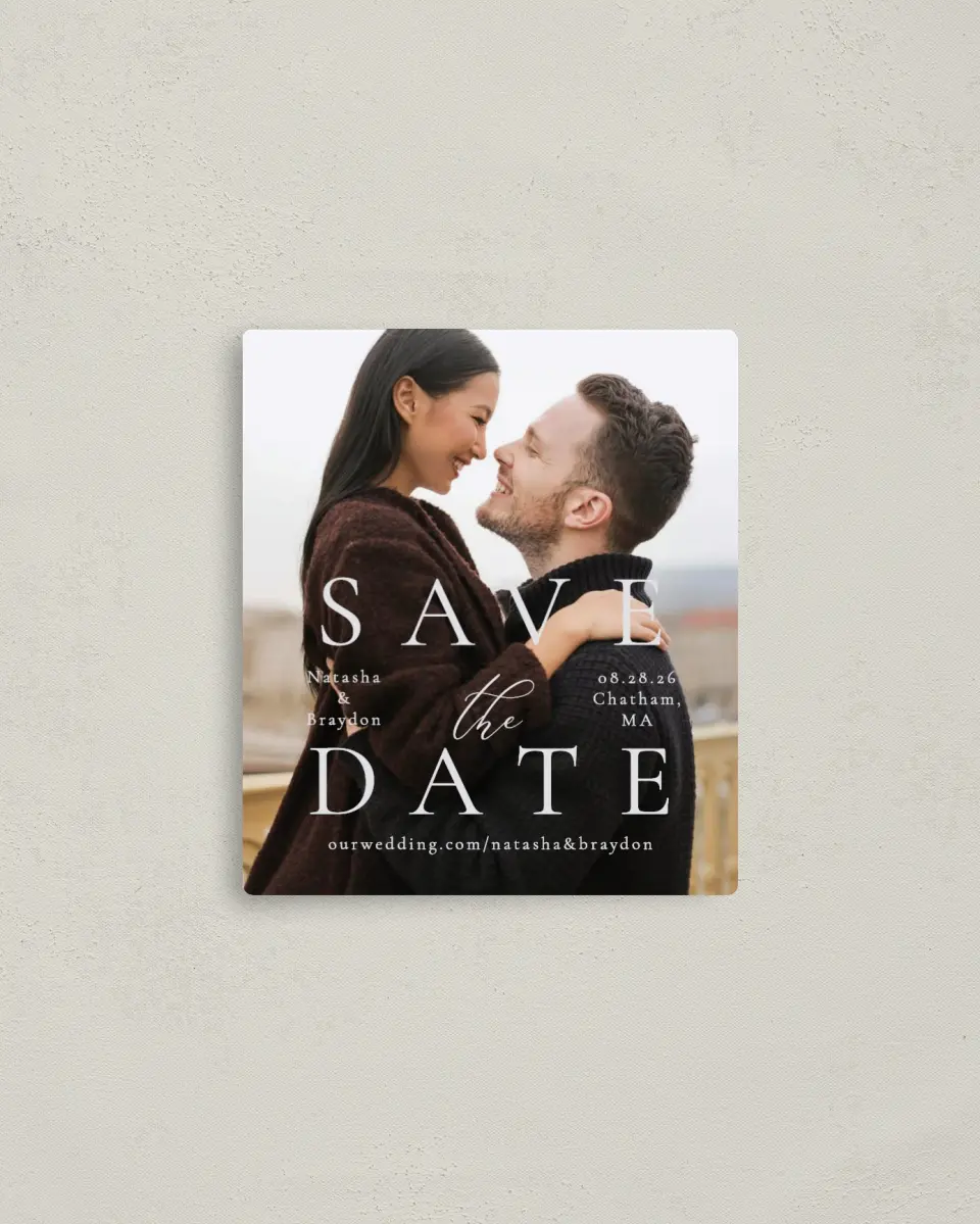 This is a 3½" x 4" Save the Date Magnet called Timeless Order printed in full color with a Luxe Satin finish