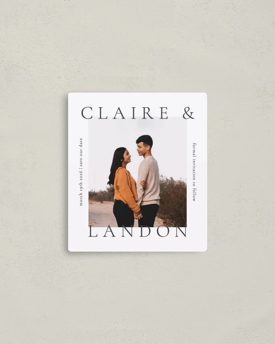 This is a 3½" x 4" Save the Date Magnet called Majestic Love printed in full color with a Luxe Satin finish