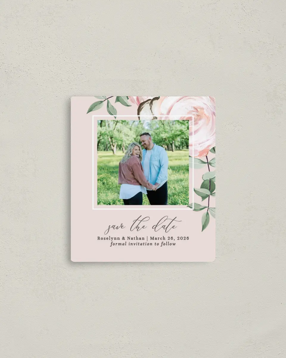 This is a 3½" x 4" Save the Date Magnet called Soft Rose printed in full color with a Luxe Satin finish