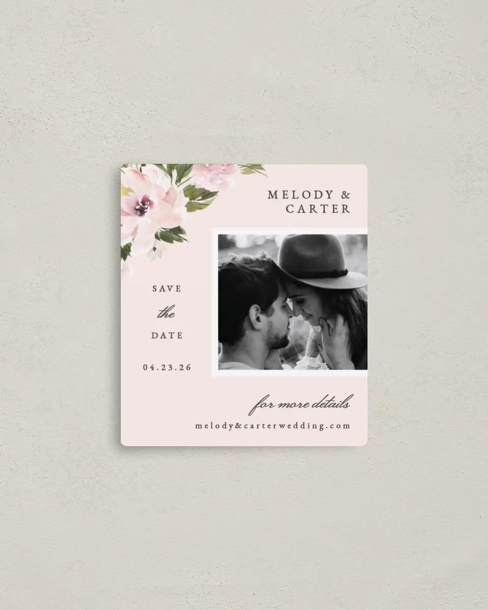 This is a 3½" x 4" Save the Date Magnet called Sweet Floral printed in full color with a Luxe Satin finish