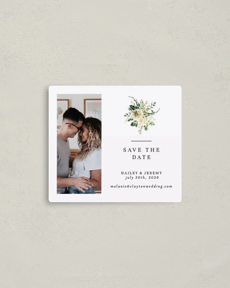 This is a 3½" x 4" Save the Date Magnet called Honest Bouquet printed in full color with a Luxe Satin finish