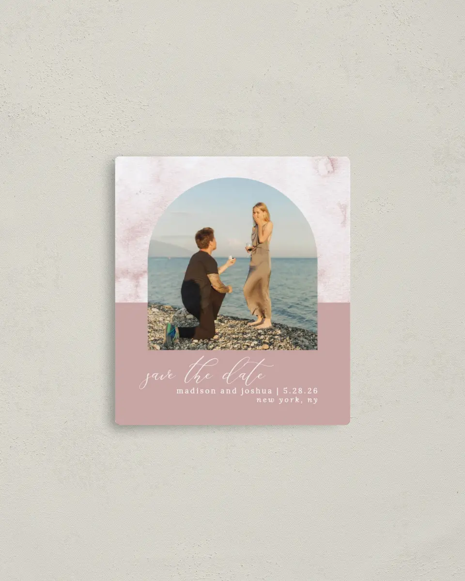 This is a 3½" x 4" Save the Date Magnet called Gentle Touch printed in full color with a Luxe Satin finish