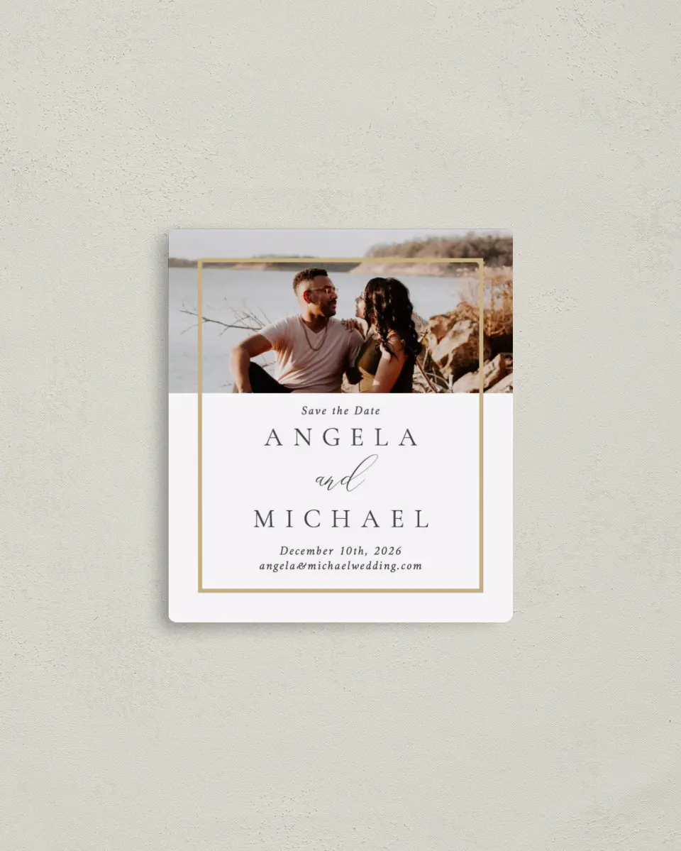 This is a 3½" x 4" Save the Date Magnet called Rich Structure printed in full color with a Luxe Satin finish