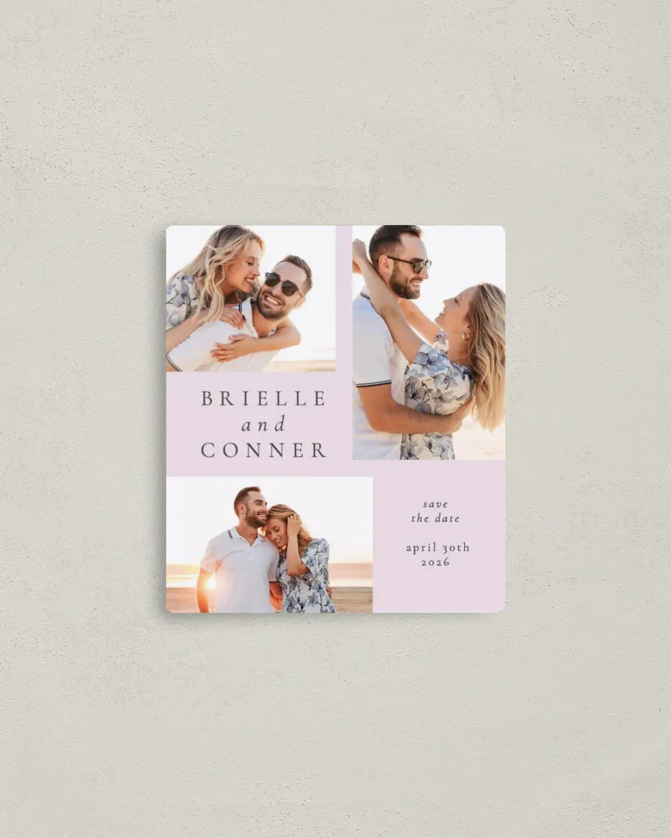 This is a 3½" x 4" Save the Date Magnet called Modest Moment printed in full color with a Luxe Satin finish